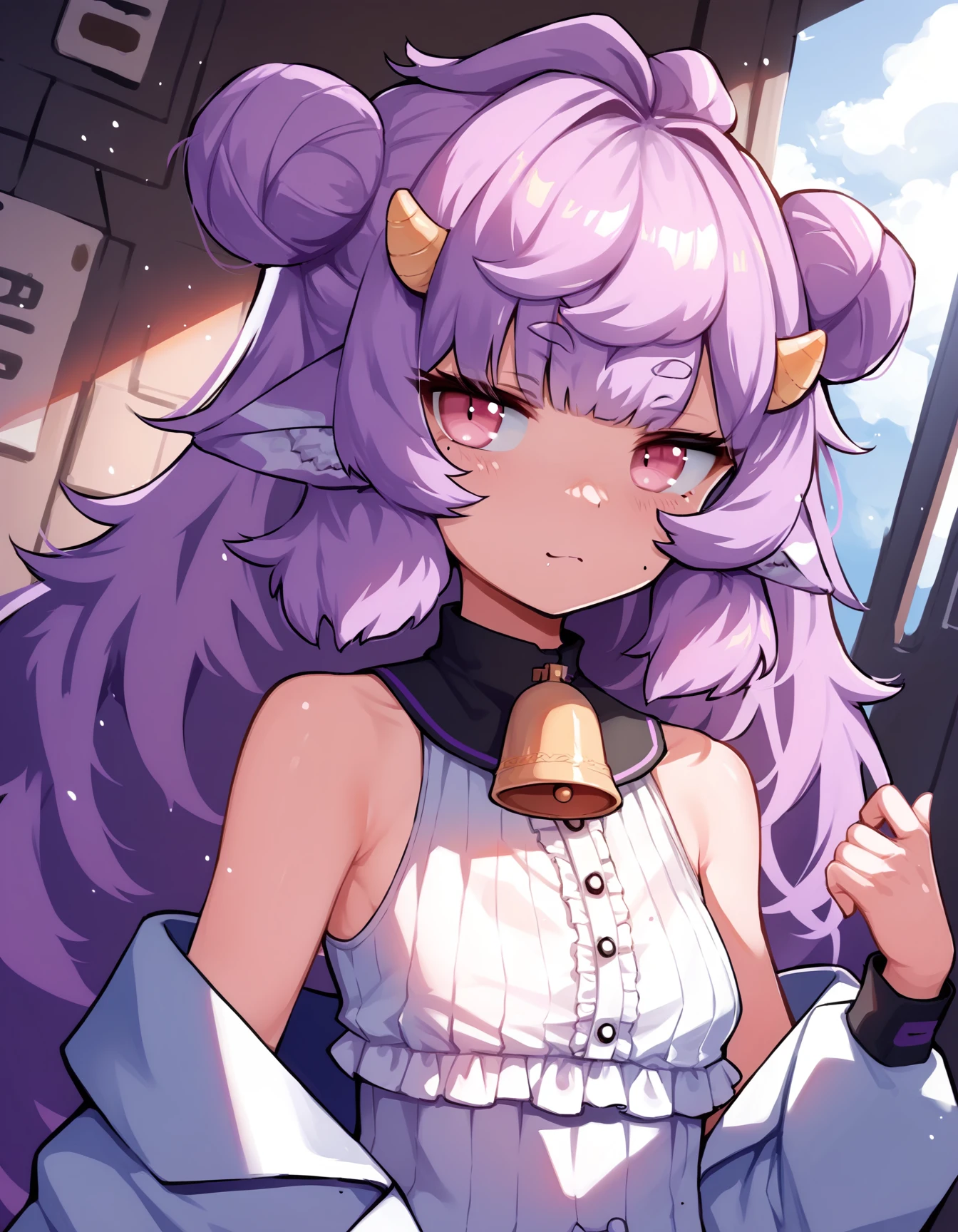 score_9, score_8_up, score_7_up, score_6_up, score_5_up, score_4_up, source_anime, BREAK , 1girl, muu muyu, portrait,  long hair, purple hair, pink eyes, bell, double bun, dutch angle, animal ears, white shirt, off shoulder,<lora:muyu:1>