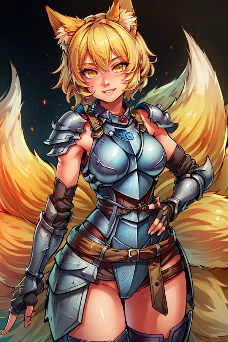 ((masterpiece,best quality)), absurdres, <lora:Yakumo_Ran_Touhou:0.8>, Yakumo_Ran_Touhou, 1girl, solo, blonde, blonde hair, short hair, yellow eyes, fox, fox tail, solo, smiling, looking at viewer, cowboy shot, shiny metal, body armor, breastplate, fingerless gloves, shoulder armor, gauntlets
