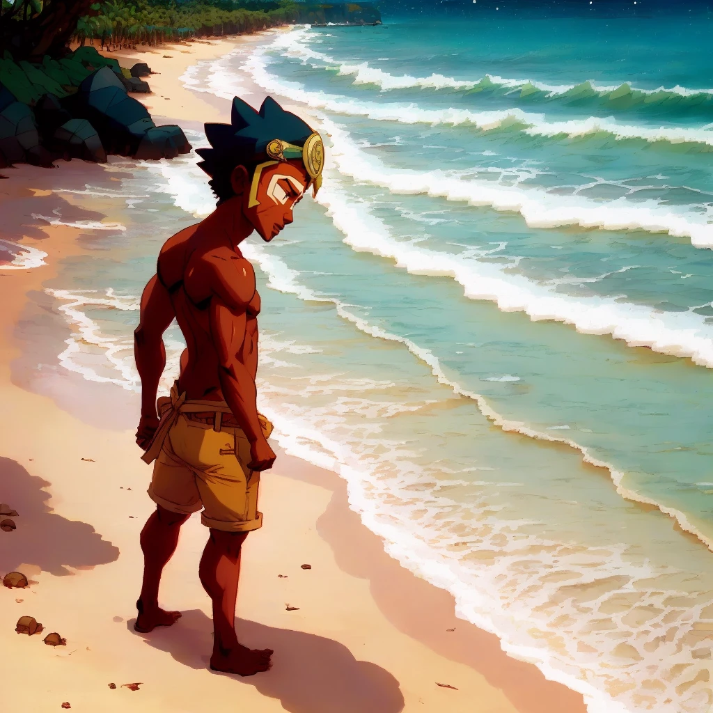 arafed boy in a hat and swim trunks on the beach, in the beach, is wearing a swimsuit, at a tropical beach, thawan duchanee, standing at the beach, with straw hat, at the beach, inspired by Eiichiro Oda, at a beach, wearing two - piece swimsuit, 2 3 years old, beach pic, 2 9 years old. gerar um anime foto realista