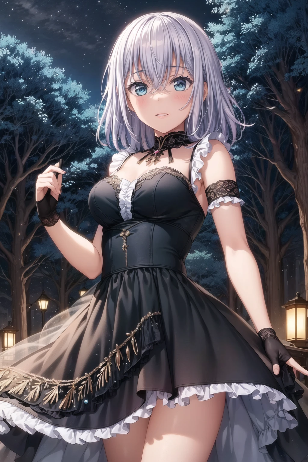 rating: general,<lora:Yasu_Yasui_from_LiL:1>, yasu, 1girl, solo, gloves, dress, hair ornament, smile, flower, skull, black gloves, ponytail, short hair, bare shoulders, blush, black dress, looking at viewer, alternate costume, hair flower, izayoi sakuya, alternate hairstyle, masterpiece, best quality