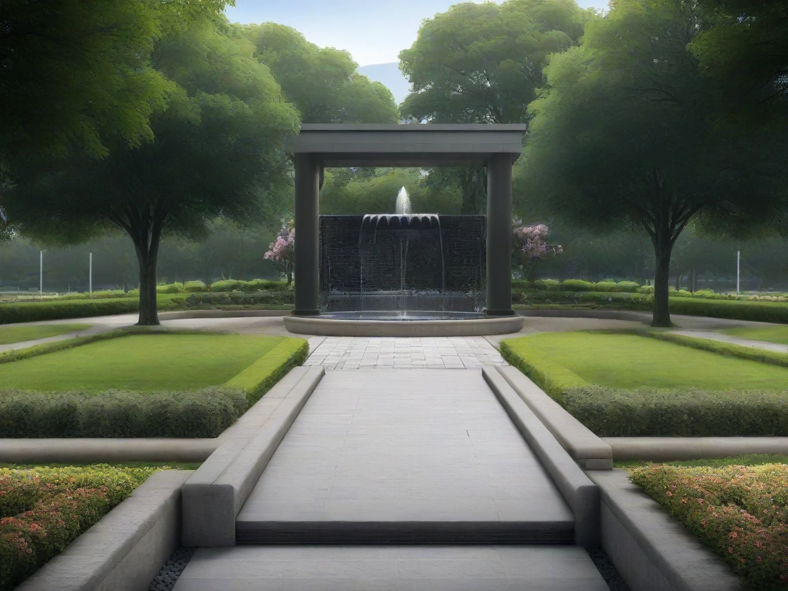 <lora:JJsLandscape_XL:1>, masterpiece, best quality,((Landscape)),  scenery, outdoors, park, paving ,bench, building, tree, sky, real world location, day, grass, bush, flower, city, fountain, door, steel gate,