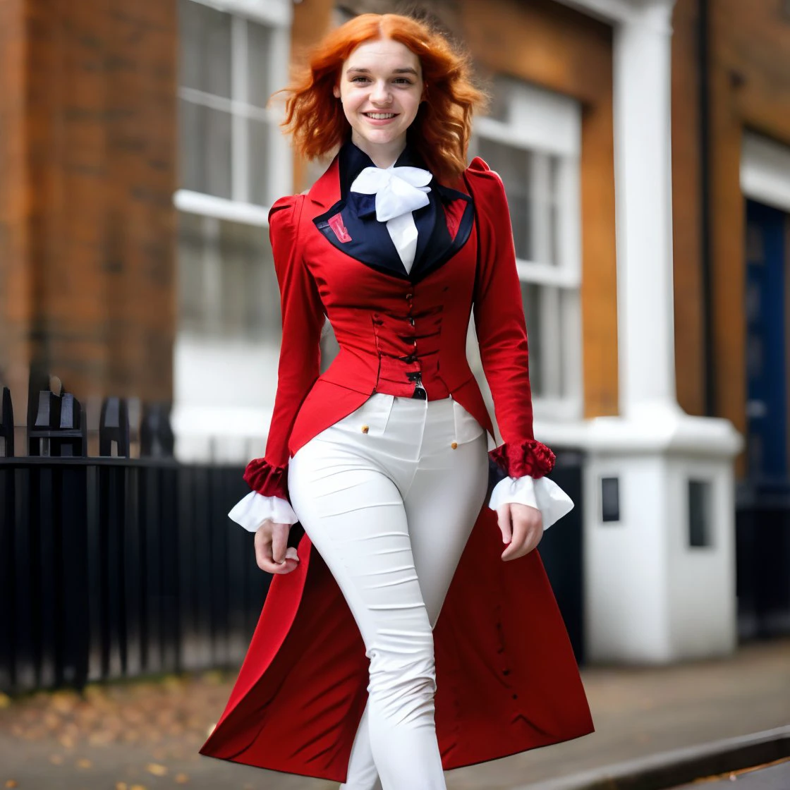 high quality photo of  <lora:sarahz:1> sarahz
smiling, red hair, (short hair:1.1), <lora:skin_slider_v10:1>, medium shot
 <lora:VictorianRidingOutfit:0.8> r1d3r, (formal jacket), long sleeves, (tailcoat), white pants, ascot, frills, high collar,  high heel boots, cuffs, buttons, flower, puffy sleeves,