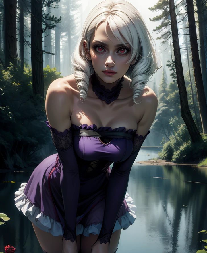 viola,red eyes,white hair,twin drills,
rose,detached sleeves,dress,miniskirt,
looking at viewer,expressionless,
forest,night,lake,stars,leaning forward,
(insanely detailed, beautiful detailed face, masterpiece, best quality),solo,<lora:viola-11SCVv9:0.8>,