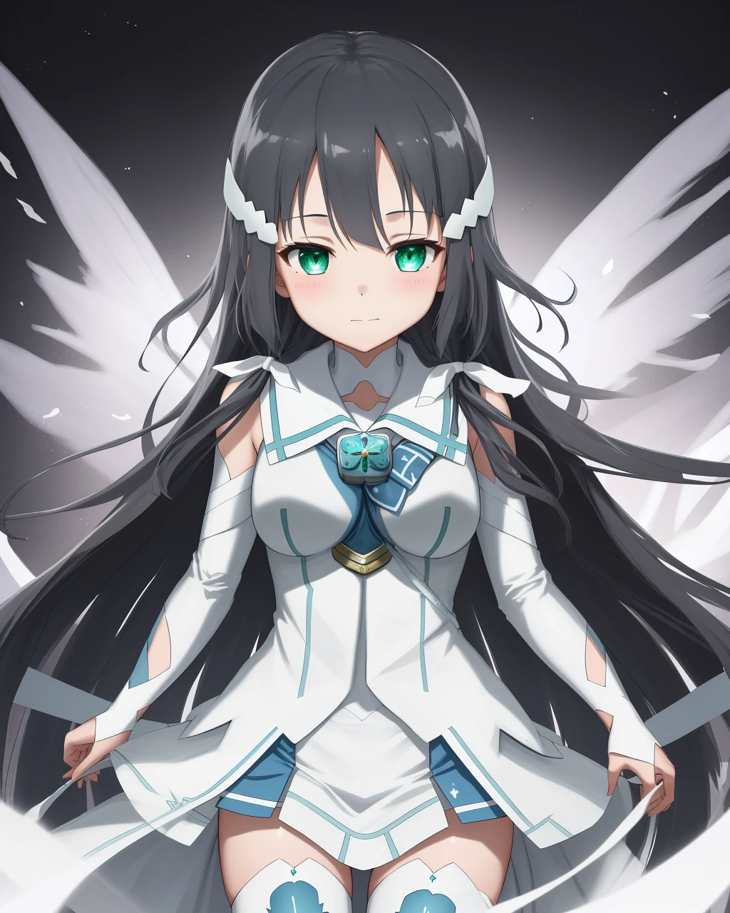 <lora:Tougou_mimori-10:0.8>,1girl, long hair, solo, black hair,green eyes,thighhighs,hair ribbon, magical girl, hair ornament ,