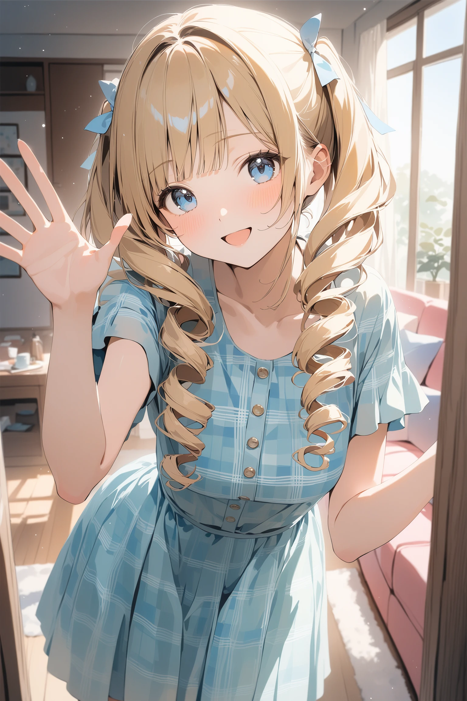 Photograph of happy watercolor \(medium\),pastel colors, cute 1girl, blonde hair, (ringlets twintail), blunt bangs, blue eyes, (plaid dress:1.2), leaning forward, waving hand, warm living room, teenage, light particles, morning sidelit, masterpiece, best quality,