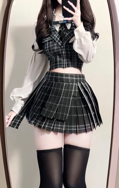 <lora:fashion_mix-10:1>, thigh highs, jk skirt, jk style, mirror selfie, torso shot, crop top
