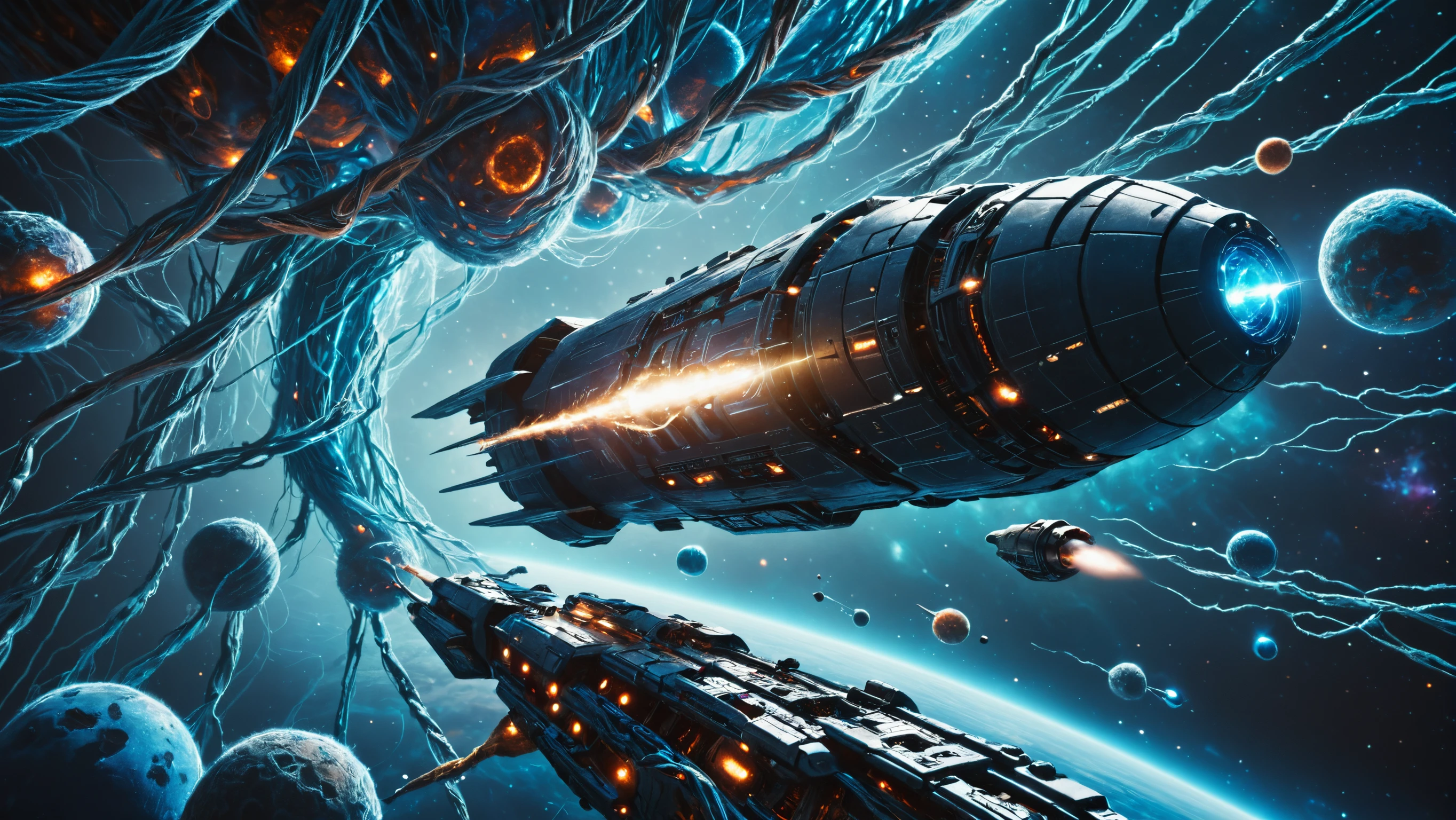 <lora:The_Threads_v2:.8> thread_space, a spaceship flying through the thread_space