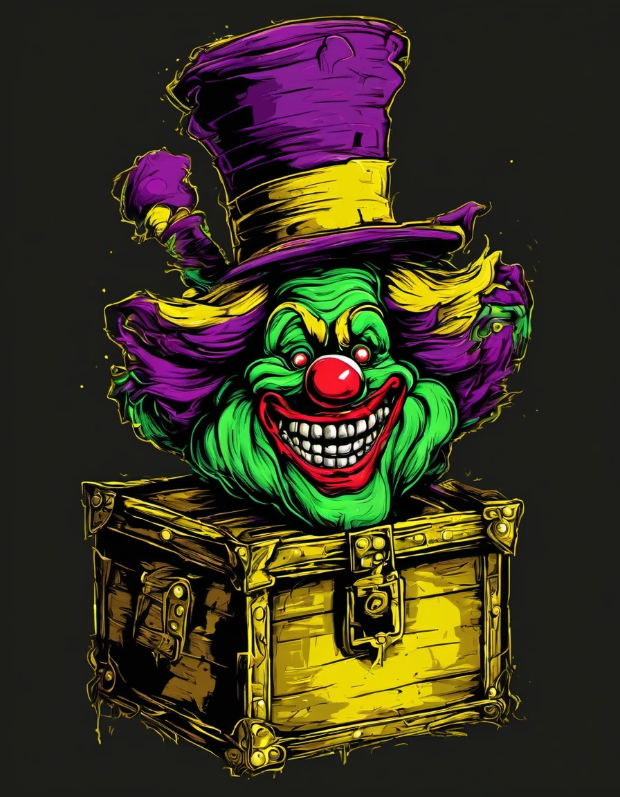 metal_tee, a green, purple, and yellow clown character with a large, evil-looking mouth and a hat on top of its head. The clown is standing on top a box, which appears to be a treasure chest. The box is surrounded by a dark background, jack in the box,, vector digital illustration, (black background:1.5) <lora:metal_tee_sdxl:1>