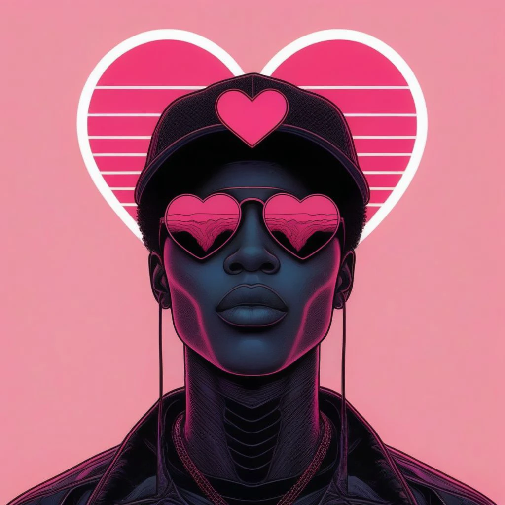 <lora:blacklove:1> Black Love, Pop Art style portrait, individual, 1girl, dark skin, afro-textured hair, heart-shaped pink sunglasses, striped heart background, fitted baseball cap with a heart emblem, subtle patterns, cool and contemporary vibe, vibrant and striking, trending on ArtStation.