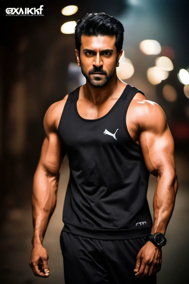 Hrithik Roshan a man <lora:Ram-Charan_Hrithik-Roshan:0.7>, realistic photo in a worn ((skin-revealing skimpy erotic black tracksuit, massive hairy pecs)), big pecs, big arms, bulge, VPL, ((light bokeh)), intricate, (steel metal [rust]), elegant, erotic, exuding sexual energy, homoerotic, sharp focus, photo by greg rutkowski, soft lighting, vibrant colors, (masterpiece), ((streets)), (detailed face), looking at viewer, light smile, night, walking towards viewer, cinematic lighting, beautiful lighting, cinematic lighting, (hazy filter, film grain:1.2)