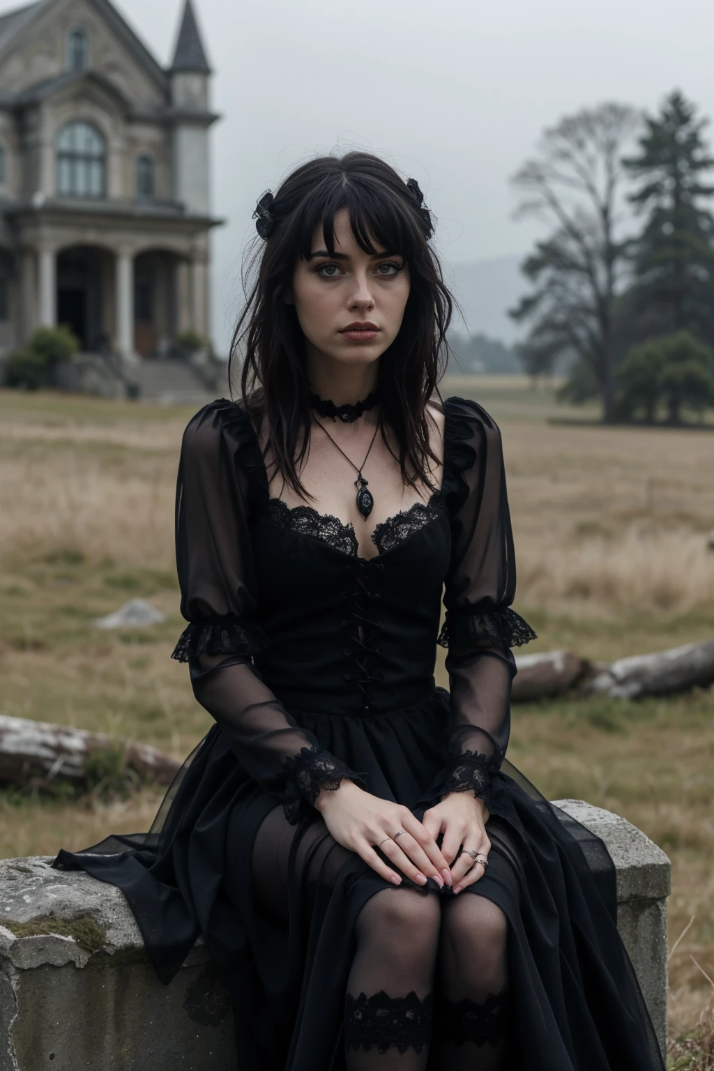 an individual seated in a natural, open setting, with mist or fog adding a mysterious ambiance. The person is dressed in an elaborate gothic style gown with multiple layers of lace and ruffles, which suggests a Victorian influence. The dark color palette of the attire is consistent with gothic fashion, emphasizing the somber and romantic themes often associated with the subculture.
The individual's hair is styled in a tousled manner, with hints of color that may indicate a rebellious or personal twist to the traditional gothic look. They are adorned with ornate jewelry, including a necklace with a prominent pendant that serves as a focal point against the dark fabric of the dress.
The person's pose and distant gaze evoke a contemplative or melancholic mood, which is complemented by the bleak and desolate landscape. The stark contrast between the intricate details of the clothing and the simplicity of the natural surroundings emphasizes the solitude and introspective state of the individual. The overall composition of the image, from the fashion to the setting, creates a narrative that invites the viewer to ponder the story behind the subject's presence in this eerie environment.
 <lora:G0thG1rl_sd15_style_v7:0.75> g0thg1rl