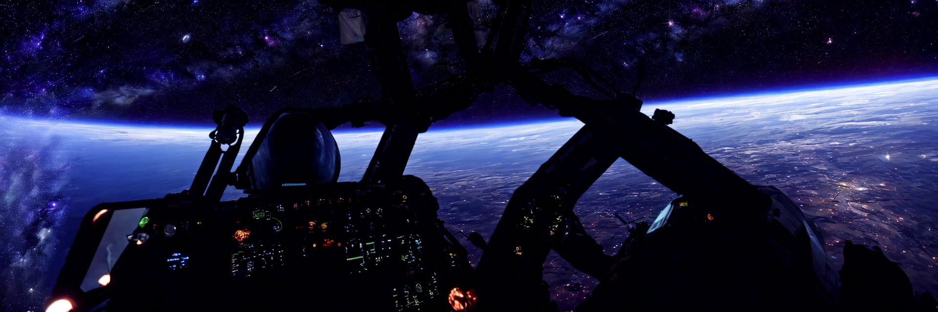 360 full panorama view, Flight deck on a Space station, quazar outside window