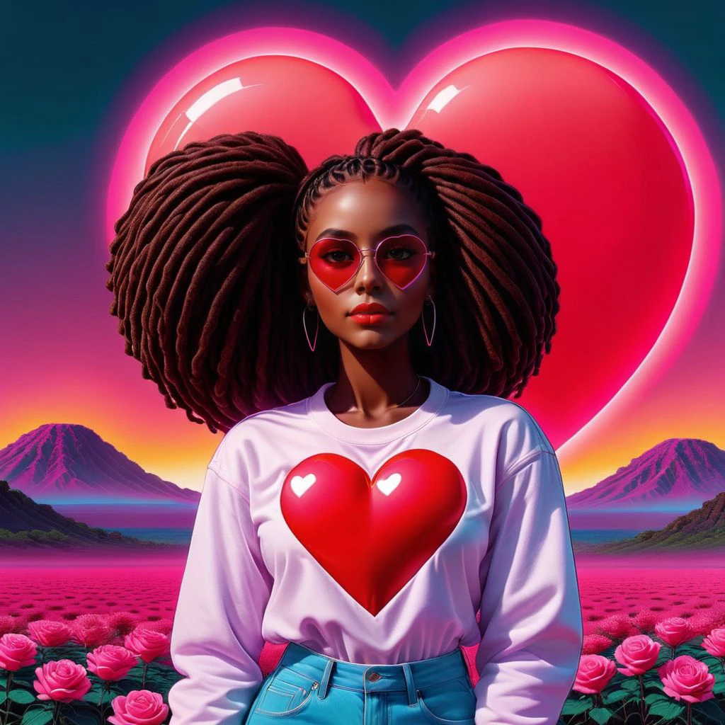 <lora:NeonHeartv4:0.8> Neon Heart, Dark skin female, natural box braids, saucy