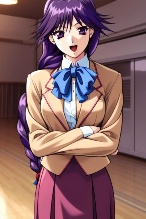 <lora:el:1> el, 1girl, solo, braid, purple hair, purple eyes, long hair, hair over shoulder, single braid, skirt, ribbon, smile, jacket, blazer, long sleeves, indoors, own hands together, school uniform, v arms, hair ribbon, open mouth, looking at viewer,