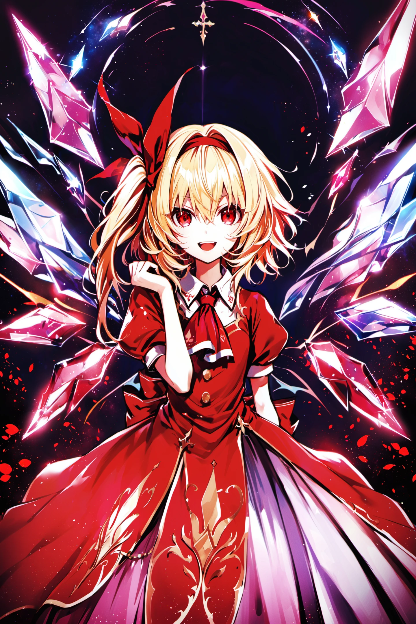 1girl, solo, flandre scarlet, wings, red eyes, blonde hair, dress, ribbon, no headwear, ascot, hair ribbon, red dress, open mouth, blood, side ponytail, short sleeves, looking at viewer, crystal, smile, red ribbon, alternate costume, glowing, short hair, puffy sleeves,<lora:Banpai Akira_XL:0.8>