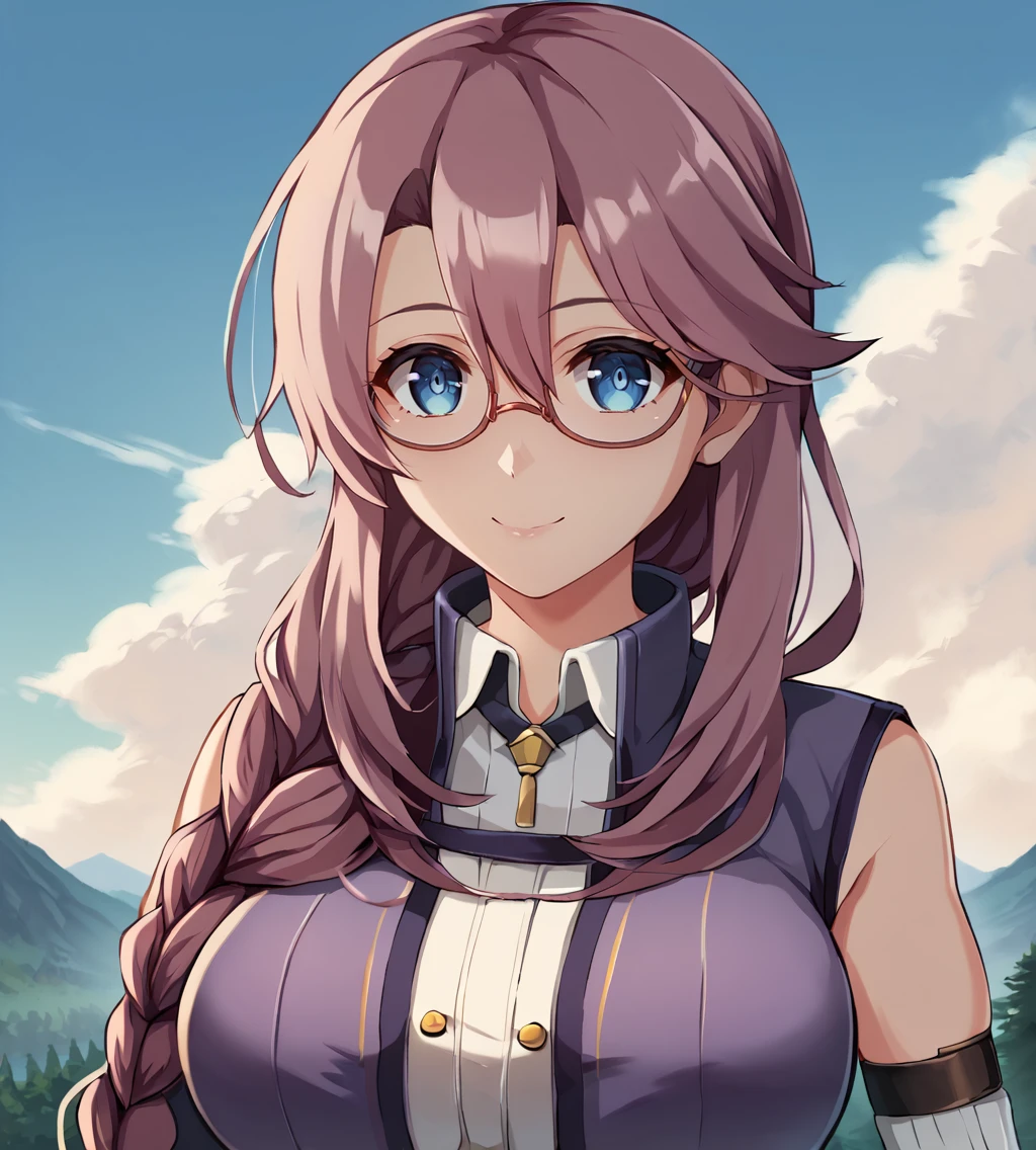 score_9, score_8_up, score_7_up, score_6_up, score_5_up, score_4_up, source_anime, rating_safe
BREAK,
<lora:TrailsOfColdSteel-ClassVII-000025:0.9>, Emma Millstein, long hair, purple hair, glasses, blue eyes, huge breasts, purple sleeveless coat, white shirt, green miniskirt, black pantyhose, white boots,
BREAK,
1girl, solo, looking at viewer, smile, upper body, portrait,
BREAK,
<lora:Starworks:1>,
BREAK,
1girl, outdoors, sky, clouds, distant mountains,