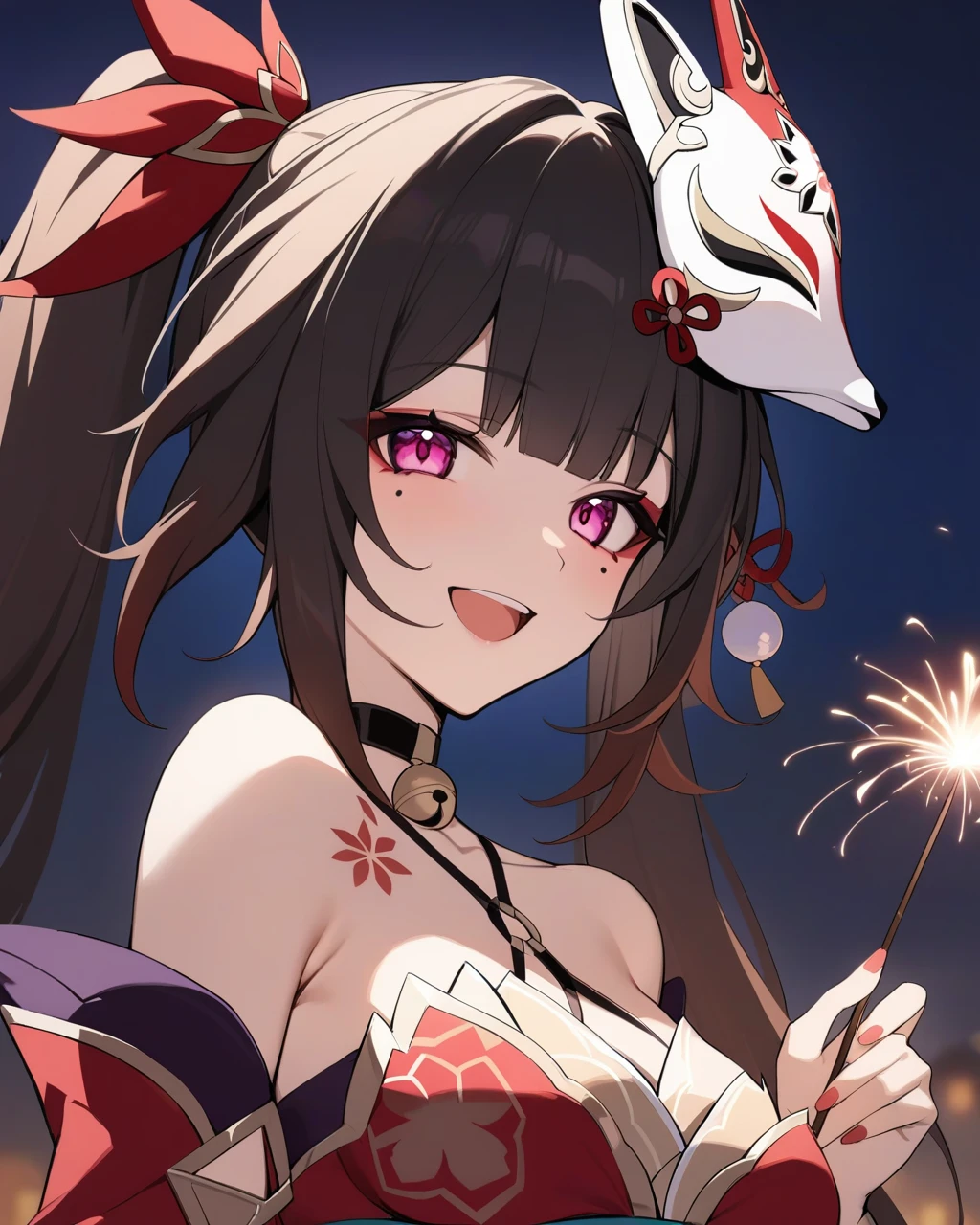 masterpiece,best quality,<lora:sparkle:1>,sparkle \(honkai: star rail\), 1girl, sparkler, fireworks, solo, fox mask, mask, japanese clothes, smile, mask on head, mole, hair ornament, open mouth, outdoors, sky, mole under eye, night, breasts, virtual youtuber, choker, bare shoulders, upper body, kimono