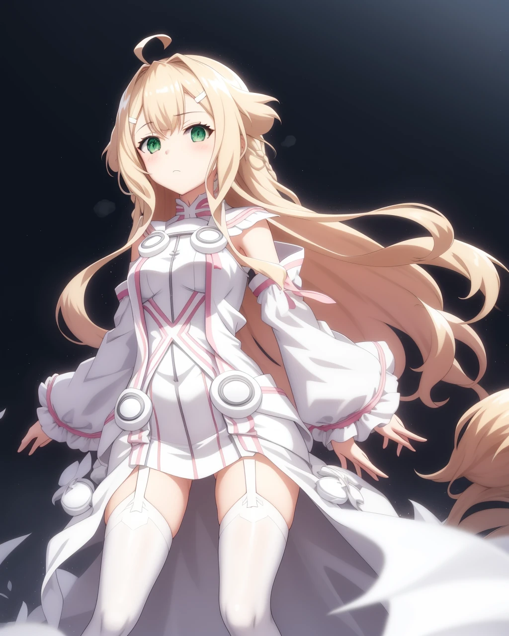 <lora:Iyojima_Anzu-10:0.8>,1girl,solo,long hair,blonde hair,green eyes,ahoge,white hairpin,hair intakes,dress,detached sleeves, white dress, white thighhighs, garter straps,