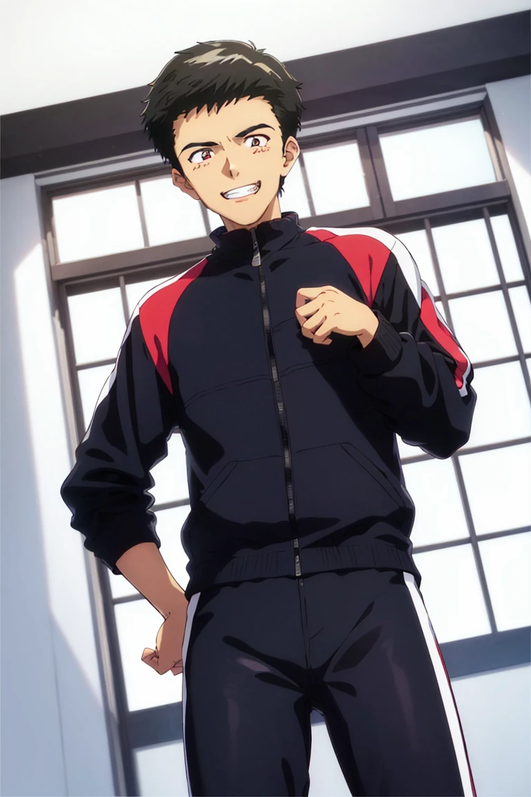 (1 image only),  solo male,  Toji Suzuhara,  Neon Genesis Evangelion,  Asian,  Japanese,  teenage,  black hair,  short hair,  dark eyes,  black track suit,  black track jacket,  black pants,  white sneakers,  handsome,  charming,  alluring,  grin,  standing,  (hand on hip),  upper body,  perfect anatomy,  perfect proportions,  (best quality,  masterpiece),  (perfect eyes,  perfect eye pupil:1.2),  perfect hands,  high_resolution,  dutch angle,  school background,<lora:EMS-296357-EMS:0.700000>