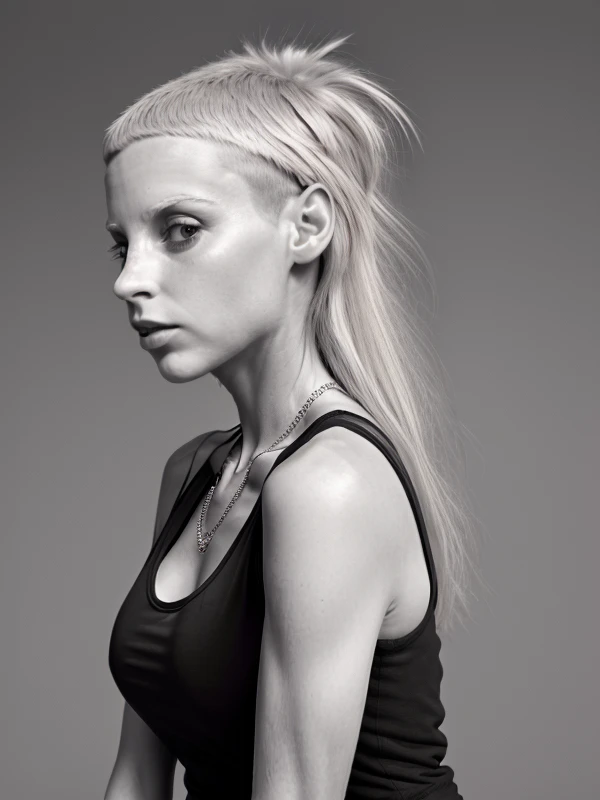 gquality, <lora:yolandi-10:1> 1girl, solo, looking at viewer, simple background, upper body, parted lips, breasts, monochrome, realistic, greyscale, from side, necklace, black background, tank top, bare shoulders, shirt
