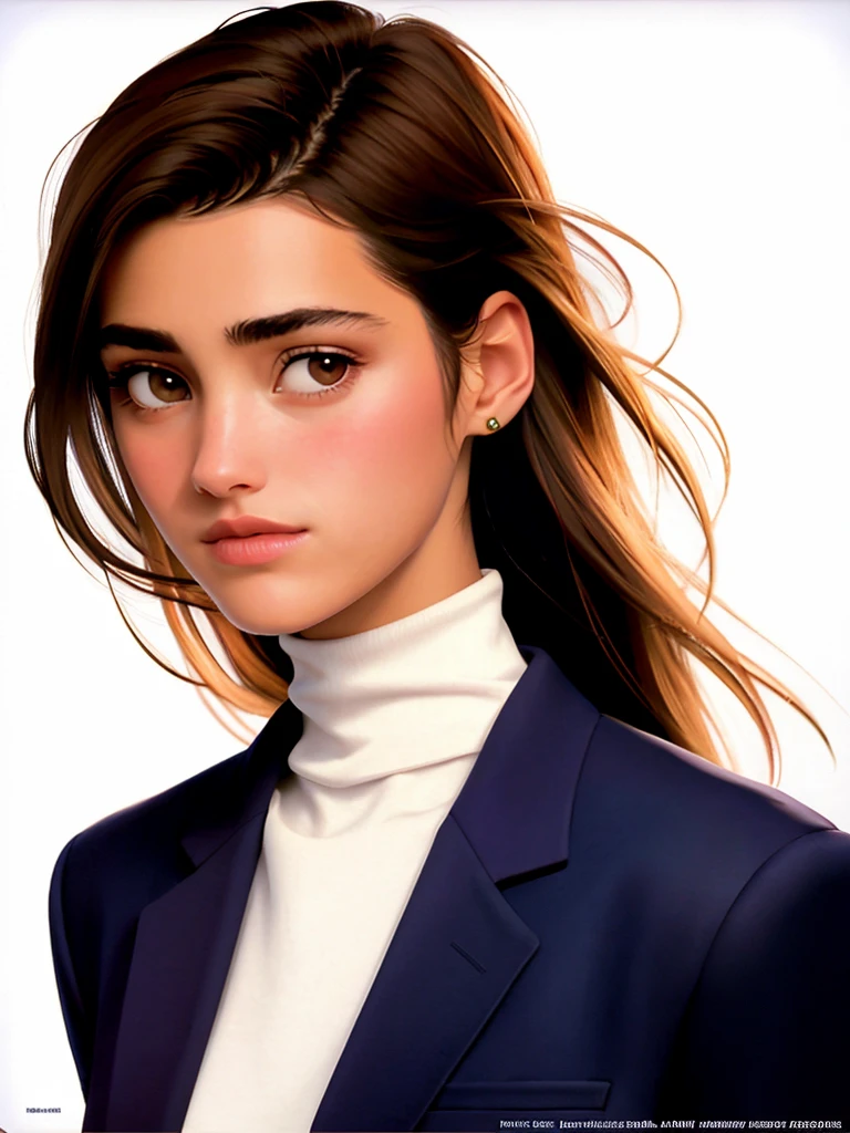 A beautiful y4sm1nlb woman,1girl,solo,long hair,looking at viewer,simple background,brown hair,white background,brown eyes,closed mouth,lips,turtleneck,watermark,portrait,web address,realistic,soft lighting, professional Photography, Photorealistic, detailed, RAW, analog, sharp focus, 8k, HD, high quality, masterpiece<lora:y4sm1nlb:1.0>