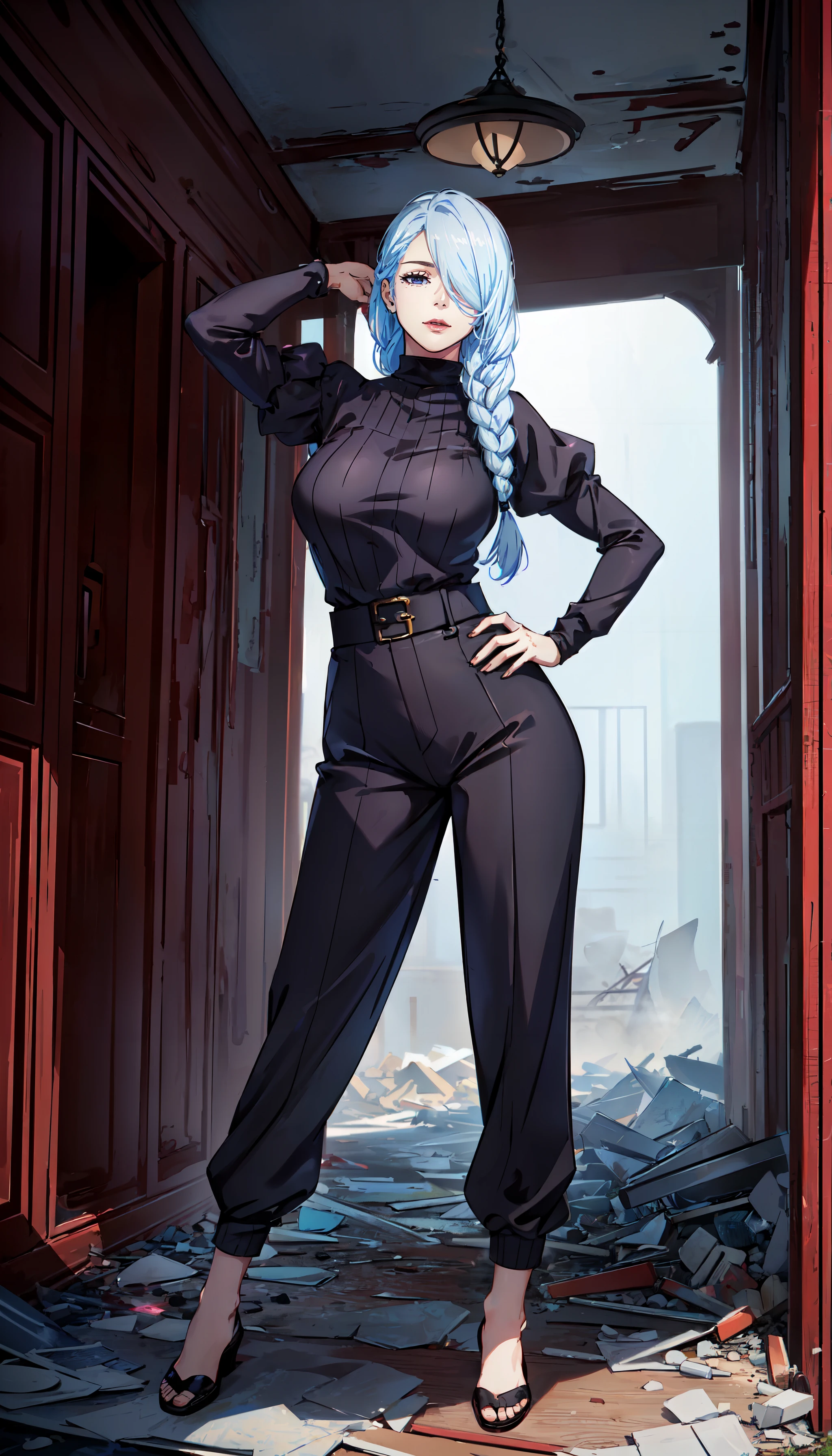 photorealistic, (4k), depth of field, (Masterpiece), (realistic skin texture), extremely detailed, intricate, hyper detailed, professional photography, bokeh, high resolution, sharp detail, best quality, woman, long hair, white hair, braid, hair over one eye, braided ponytail, purple eyes, black dress, long sleeves, puffy sleeves, turtleneck dress, wide leg jumpsuit pants, pants tucked in, aMei, <lora:GoodHands-beta2:0.4>, <lora:detail_slider_v4:0.8> , dynamic pose, (one hand on her hip, one hand behind her head), <lora:Mei Mei-000003:0.8> , abandoned building, destruction, (mist), (fog:1.5), interior, (hallway), haunted,