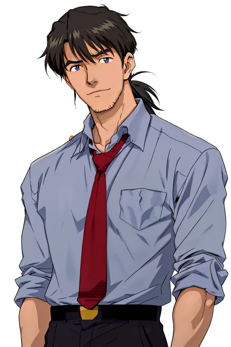 (1 image only),  solo male,  Ryoji Kaji,  Neon Genesis Evangelion,  Asian,  Japanese,  dark brown hair,  bangs,  short ponytail,  dark brown eyes,  (thin stubble),  blue collared shirt,  sleeves rolled up,  red necktie,  black pants,  black jacket over shoulder,  mature,  handsome,  charming,  alluring,  standing,  upper body,  perfect anatomy,  perfect proportions,  2D,  anime,  (best quality,  masterpiece),  (perfect eyes,  perfect eye pupil),  perfect hands,  high_resolution,  dutch angle,<lora:EMS-296078-EMS:0.800000>