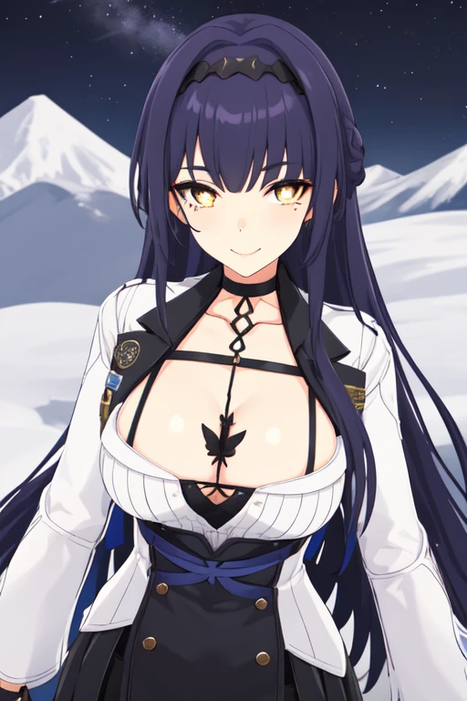 1girl, solo, masterpiece, looking at viewer, night, portrait, upper body, landscape, outdoors, smile, looking at viewer, closed mouth, mountain, <lora:flaviav1:0.7>, flavia, black gloves, large breasts, long hair, cleavage,long sleeves, jacket, mole under eye, skirt, between breasts, choker, black hairband, white shirt, yellow eyes, symbol-shaped pupils,