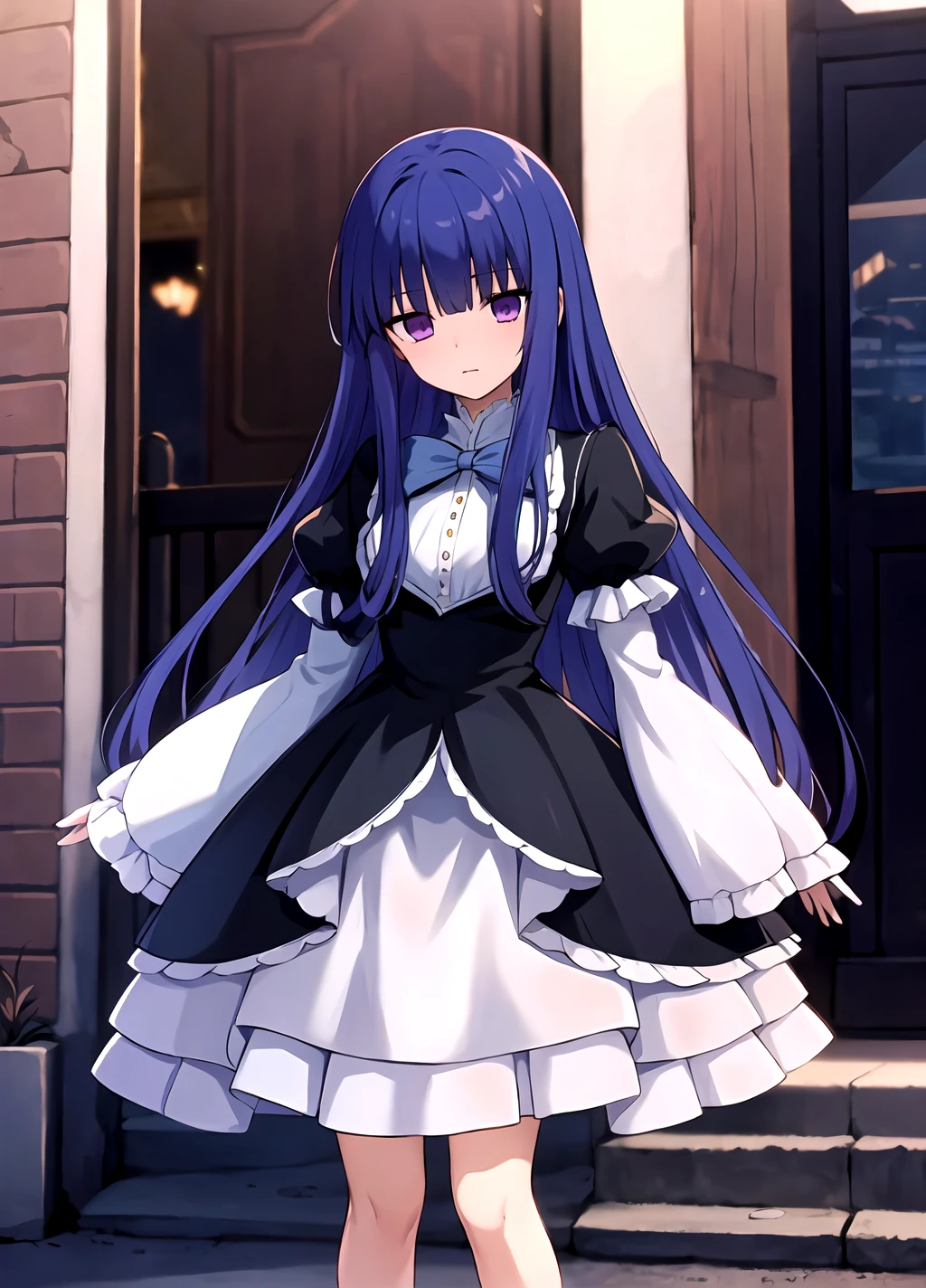 masterpiece, best quality, highres, frederica bernkastel, long hair, (blue hair:1.2), outdoors, blunt bangs, purple eyes, bowtie, frills, black dress, puffy sleeves, short over long sleeves, long sleeves, legs, standing, <lora:Frederica Bernkastel anylora8ep40r50r80r-000006:0.7>,