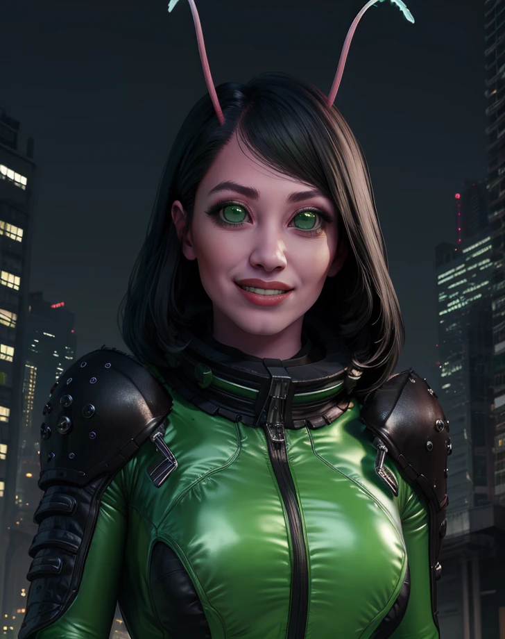 mantis, black hair, green eyes, antennae,
looking at viewer, upper body,
black and green bodysuit, standing, light smile,
inside, spaceship, good vibes, waving,
(insanely detailed, beautiful detailed face, masterpiece, best quality),
<lora:mantis:0.8>