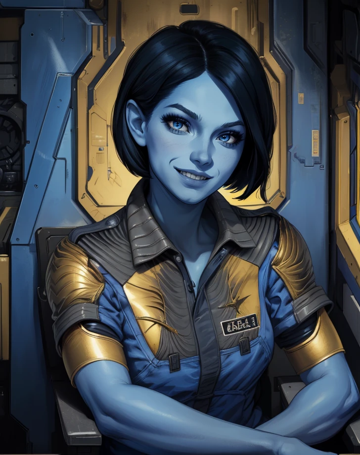 nikkiG,blue eyes,blue skin,black hair,short hair,
uniform,short sleeves,gold trim,
upper body,light smile,
science fiction,station,sitting,
(insanely detailed, masterpiece, best quality),
<lora:NikkiG-11GOG:0.8>,