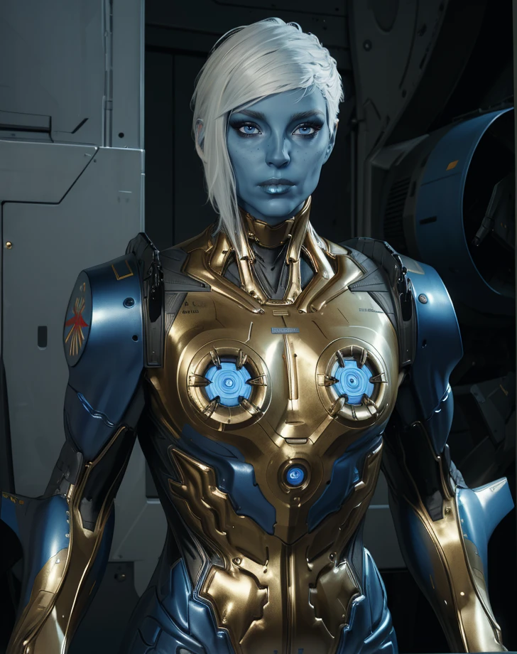 Ko-Rel,blue eyes,blue skin,white hair,short hair,
armor,shiny,gold trim,
standing,upper body,
science fiction,station,
(insanely detailed, masterpiece, best quality),<lora:Ko-Rel:0.8>,