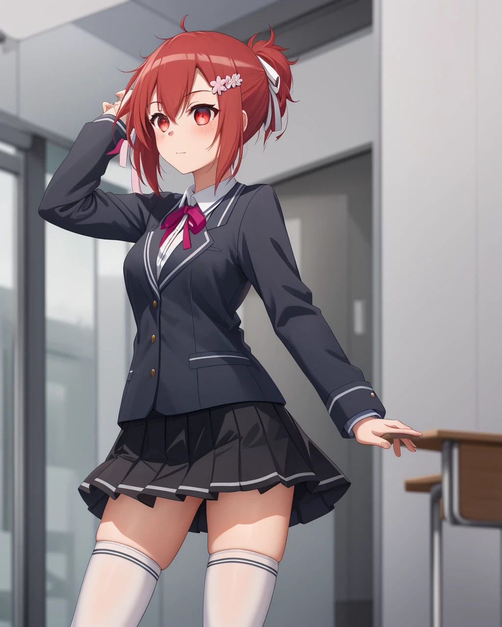 <lora:Takashima_Yuna-10:0.8>,1girl, solo,short hair, hair ornament, red eyes, school uniform, jacket, hair ribbon,red hair, hairclip, hair flower, black skirt, white thighhighs, blazer,