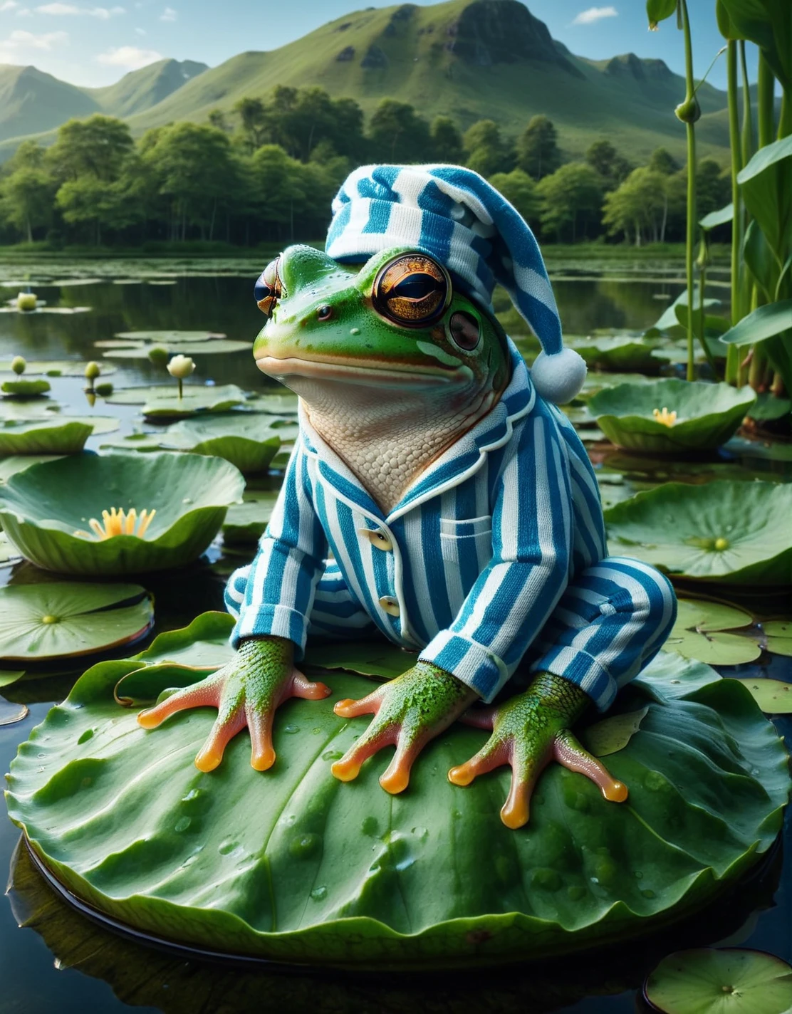 An ais-pyjms frog on a lilypad <lora:ais-pyjms-sdxl:1>, masterpiece, uhd, 4k