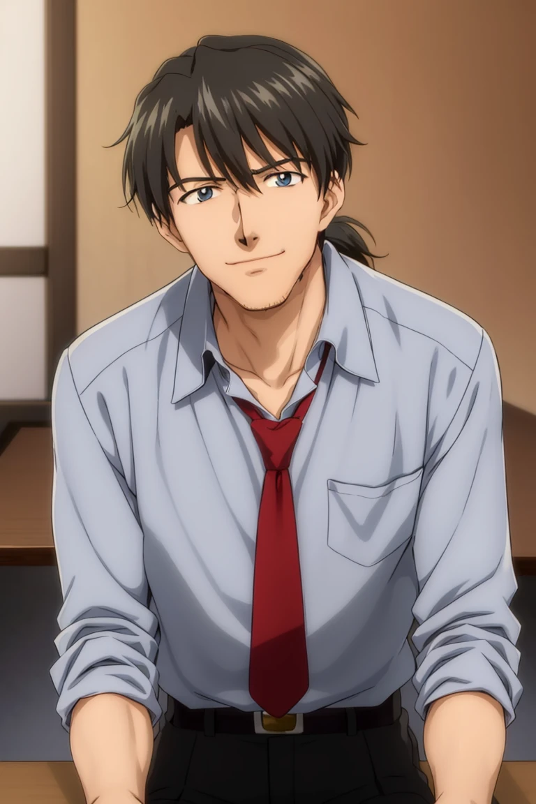 (1 image only),  solo male,  Ryoji Kaji,  Neon Genesis Evangelion,  Asian,  Japanese,  dark brown hair,  bangs,  short ponytail,  dark brown eyes,  thin stubble,  blue collared shirt,  red sleeves rolled up,  necktie,  black pants,  smile,  mature,  handsome,  charming,  alluring,  (head rest),  pov,  upper body,  table,  perfect anatomy,  perfect proportions,  2D,  anime,  (best quality,  masterpiece),  ((perfect eyes,  perfect eye pupil)),  perfect hands,  high_resolution,  dutch angle,<lora:EMS-296078-EMS:0.600000>