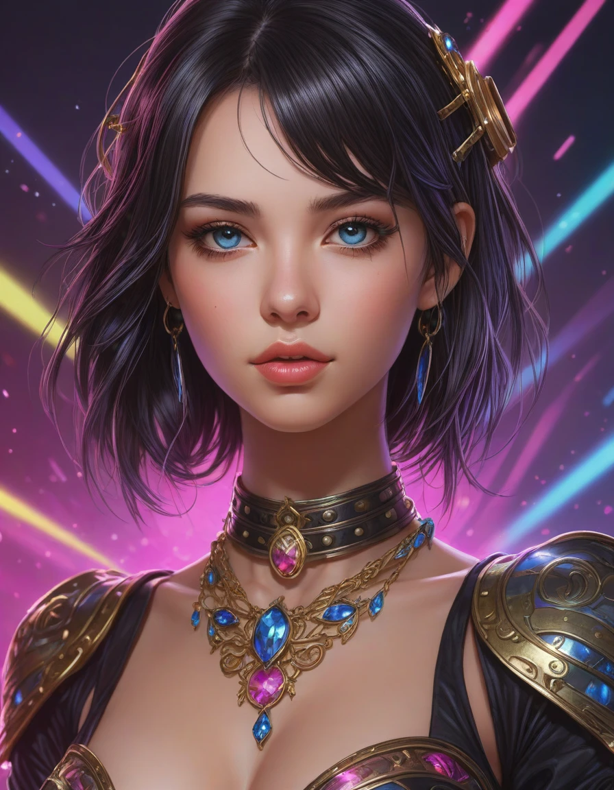 hyperdetailed portrait of a stunningly beautiful cyberpunk cutie european girl with dark hair guard made of iridescent metals and shiny pink gems, bright rainbow nimbus, gold necklace, gold background inspired by ross tran and masamune shirow and kuvshinov, intricate, photorealistic, octane render, rtx, hdr, unreal engine, dnd digital art by artgerm, open field, vast expanse, wildflowers, tranquil <lora:dare_captivating_notrigger:1>