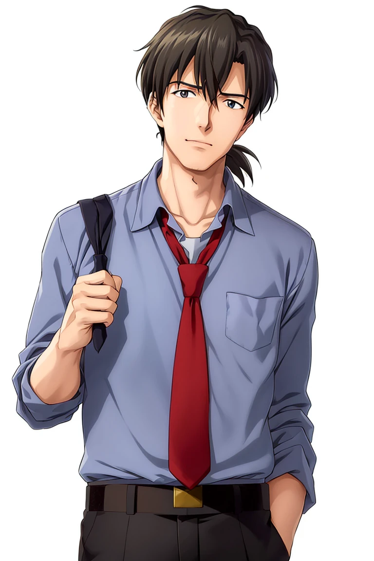 (1 image only),  solo male,  Ryoji Kaji,  Neon Genesis Evangelion,  Asian,  Japanese,  dark brown hair,  bangs,  short ponytail,  dark brown eyes,  (thin stubble),  blue collared shirt,  sleeves rolled up,  red necktie,  black pants,  black jacket over shoulder,  mature,  handsome,  charming,  alluring,  standing,  upper body,  perfect anatomy,  perfect proportions,  2D,  anime,  (best quality,  masterpiece),  (perfect eyes,  perfect eye pupil),  perfect hands,  high_resolution,  dutch angle,<lora:EMS-296078-EMS:0.600000>