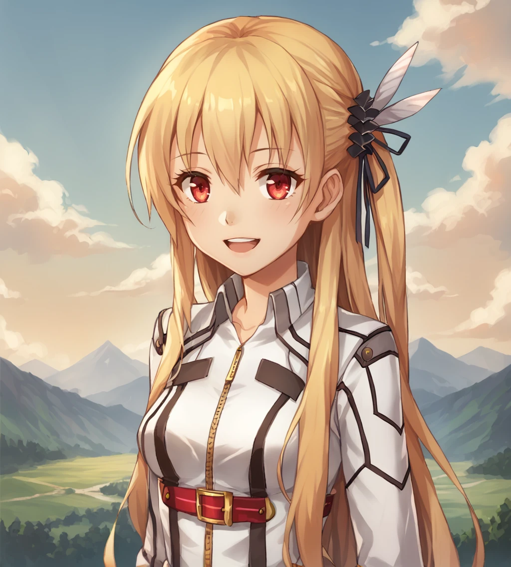 score_9, score_8_up, score_7_up, score_6_up, score_5_up, score_4_up, source_anime, rating_safe
BREAK,
<lora:TrailsOfColdSteel-ClassVII:0.9>, Alisa Reinford, blonde hair, long hair, hair ornament, red eyes, medium breasts, white jacket, white miniskirt, white boots, thigh boots, thighhigh boots, red belt,
BREAK,
1girl, solo, happy, looking at viewer, upper body, portrait,
BREAK,
tsukiyo_\(skymint\)
BREAK,
1girl, outdoors, sky, clouds, distant mountains,