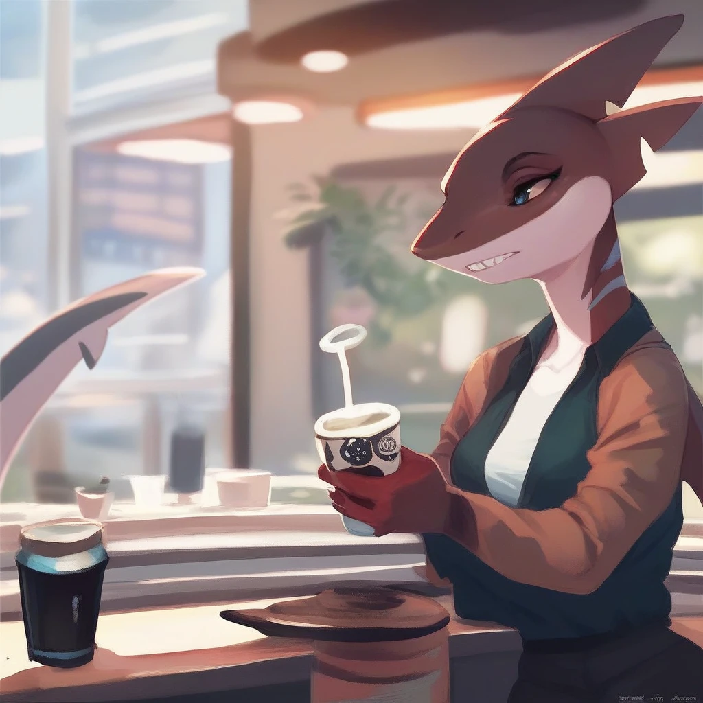 score_9, score_8_up, score_7_up, score_6_up, score_5_up, score_4_up,  anthro shark woman drinking coffee in a cafe, rating_safe