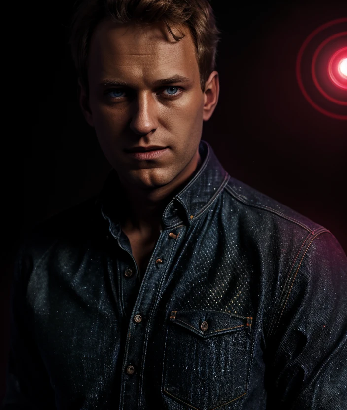 a3l2n2x , Ultra-HD-details, ((black background Colored light spot red)), detailed eyes, Spectacular light, 1man, upper body, Shirt, jacket, jeans 