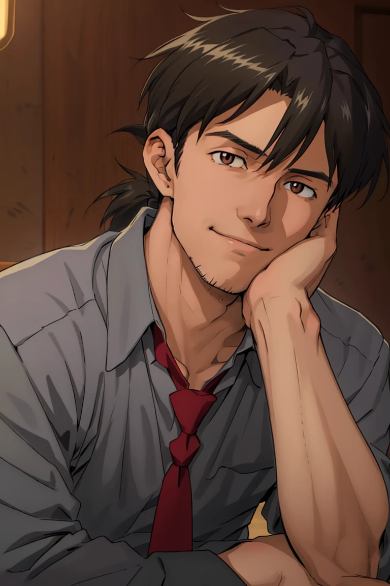 (1 image only),  solo male,  Ryoji Kaji,  Neon Genesis Evangelion,  Asian,  Japanese,  dark brown hair,  bangs,  short ponytail,  dark brown eyes,  (thin stubble),  blue collared shirt,  red sleeves rolled up,  necktie,  black pants,  smile,  (mature,  masculine),  handsome,  charming,  alluring,  (head rest),  pov,  upper body,  table,  perfect anatomy,  perfect proportions,  2D,  anime,  (best quality,  masterpiece),  ((perfect eyes,  perfect eye pupil)),  perfect hands,  high_resolution,  dutch angle,<lora:EMS-296078-EMS:0.600000>