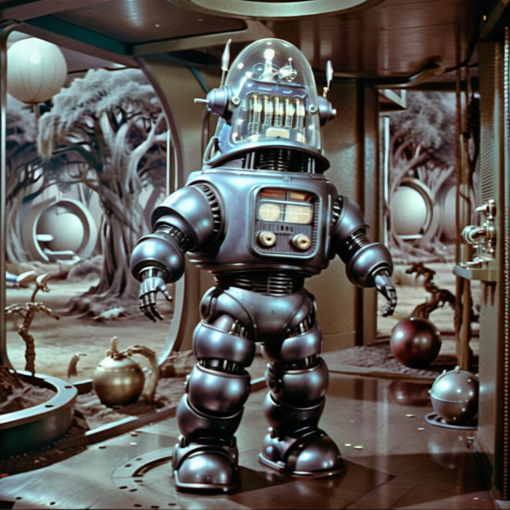 Robbie_FP50, 16k, movie still, ((cinematic)), full body standing robot, science fiction, realistic, (intricate details:1.1), retro artstyle, futuristic sci-fi space background, helmet, (extremely detailed:1.3), Forbidden Planet, metal spheres legs, <lora:Robbie_FP50_XL:1> Robbie_FP50