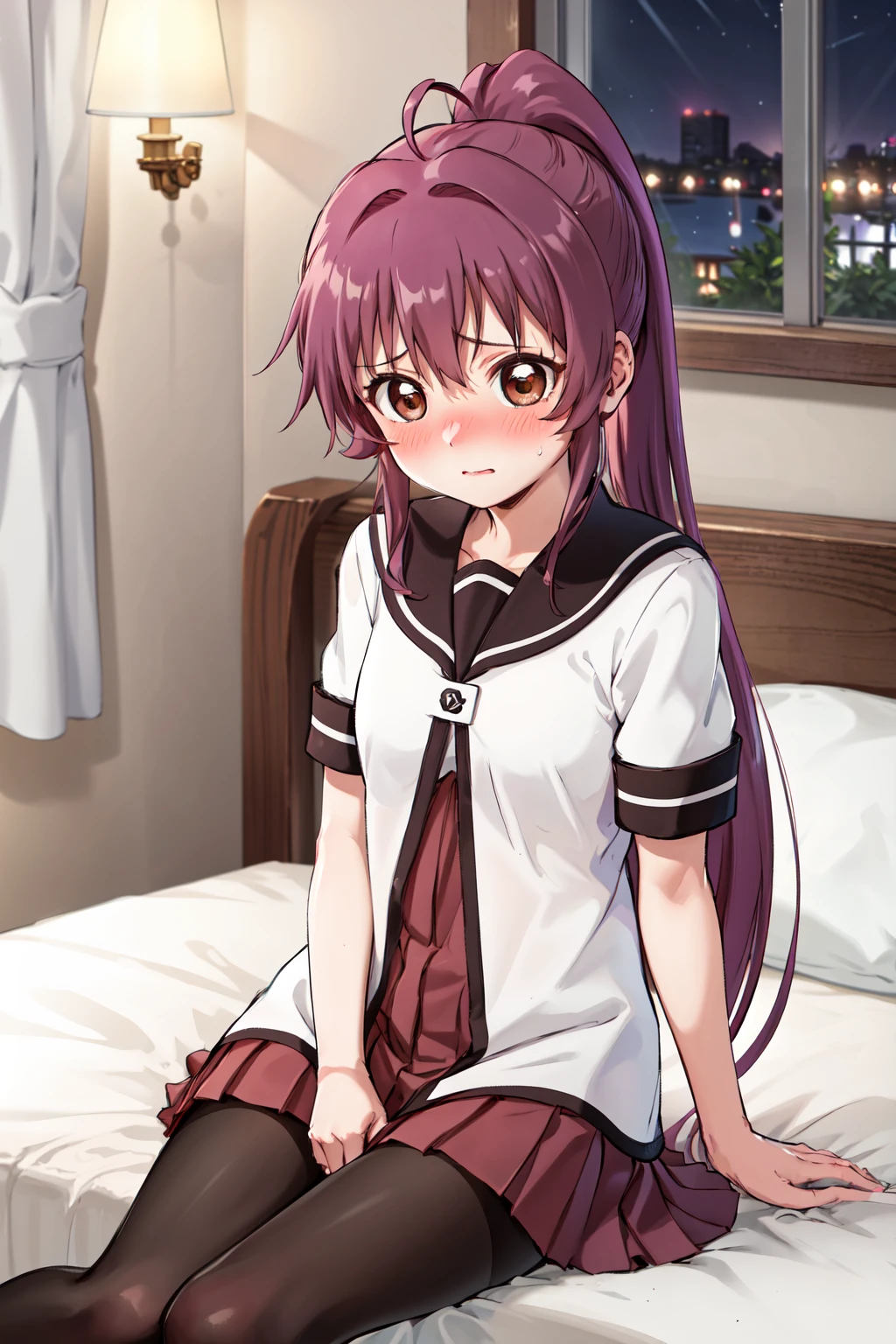 masterpiece,best quality,highres,ultra-detailed,sugiura ayano,brown eyes,long hair,ahoge,ponytail,bangs,nanamori school uniform,sailor collar,dress,red dress,shirt,long shirt,short sleeves,skirt,pantyhose,black pantyhose,<lora:sugiura_ayano:0.8>,indoors,sitting,bed,blush,(embarrass:1.2),(night:1.4),