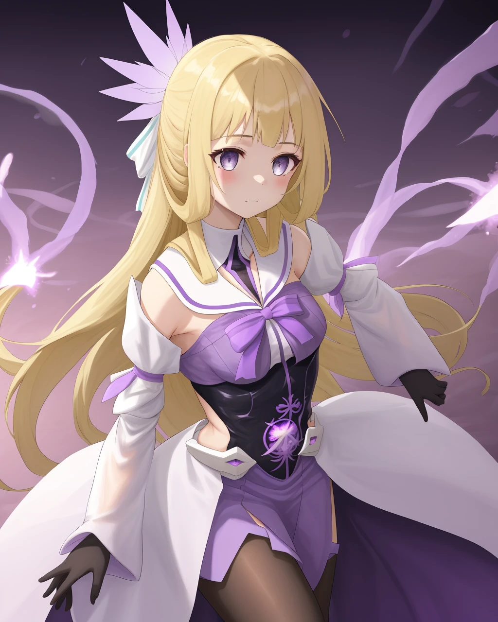 <lora:Nogi_Sonoko-10:1>,1girl,solo, gray eyes,long hair, blonde hair,purple dress,wide white sleeves,purple ribbon,purple stockings,hair ornament,bare shoulders,detached sleeves, black gloves, blunt bangs, magical girl,