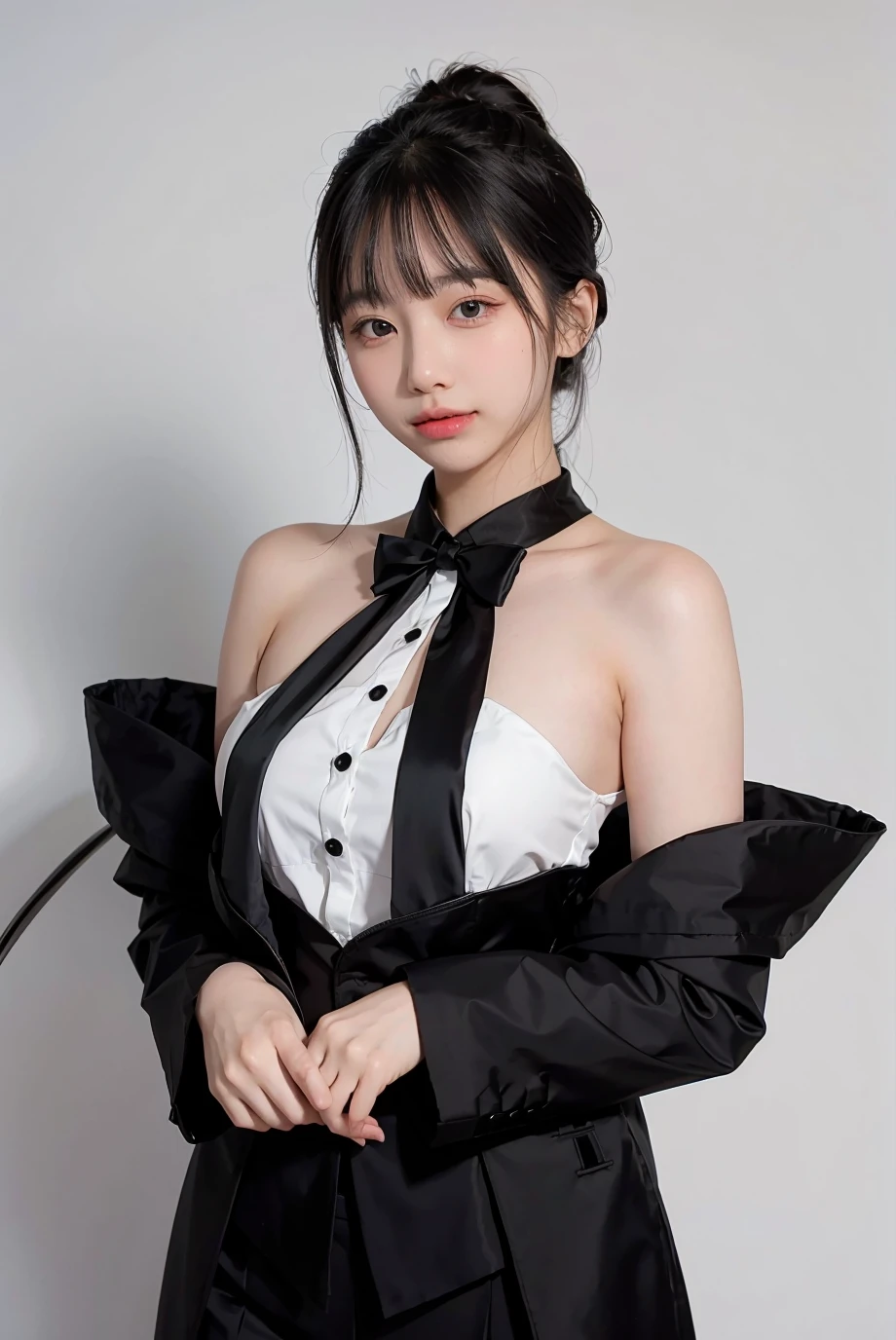 (Tabletop:1.2),high quality,Bright colors,Flat Color,The depth of the written world,Lens flare,1 girl,Black Hair,eye contact,suit,Collared shirt,Belt Bag,suspenders,Professional,office lady,Mature Woman,Black mini skirt garter belt Knee-length stockings They are not black カラコン Armpit sweat sweating Sides of both hands,Black jacket,vision,Ample breasts,Armpit sweat,Exposing your armpits"Tight fitting clothes