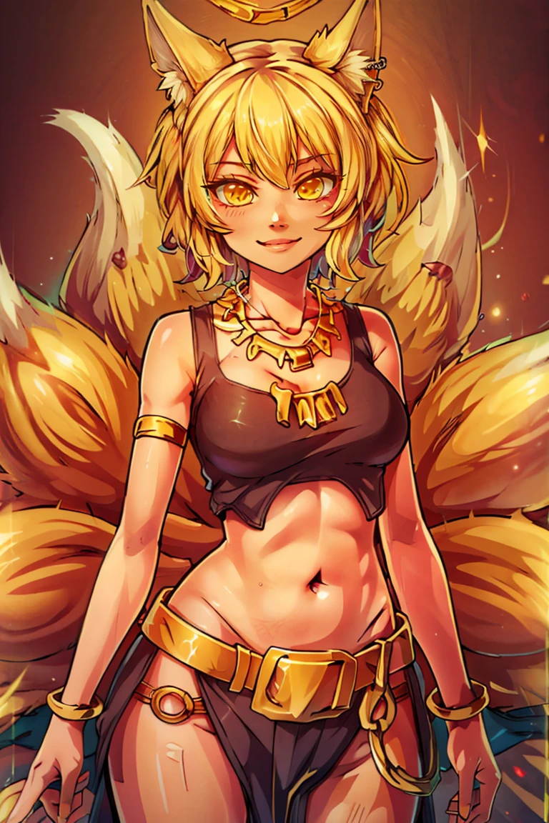 ((masterpiece,best quality)), absurdres, <lora:Yakumo_Ran_Touhou:0.8>, Yakumo_Ran_Touhou, 1girl, solo, blonde, blonde hair, short hair, yellow eyes, fox, fox tail,  solo, smiling, looking at viewer, cowboy shot, (masterpiece, best quality:1.2), solo,  beautiful eyes,  <lora:Egyptian_Icons:0.7>, Egyptian_Icons, still life, gold, sparkle, golden harem outfit, iridescent gold, golden necklace, golden anklets, golden bracelets, golden belt, golden chain decoration, <lora:Savage_Design:0.7> Savage_Design,  bone necklace, tribal, pelvic curtain, crop top, upper body,  demon bones, demon skull,