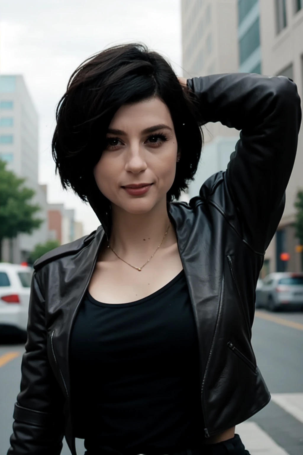 <lora:mondongo_LoRA_AyaCash_v2:1> mndngwmn, short hair, wearing a leather jacket, on a city downtown, (ultra realistic, 8k,high quality), above the waist photo