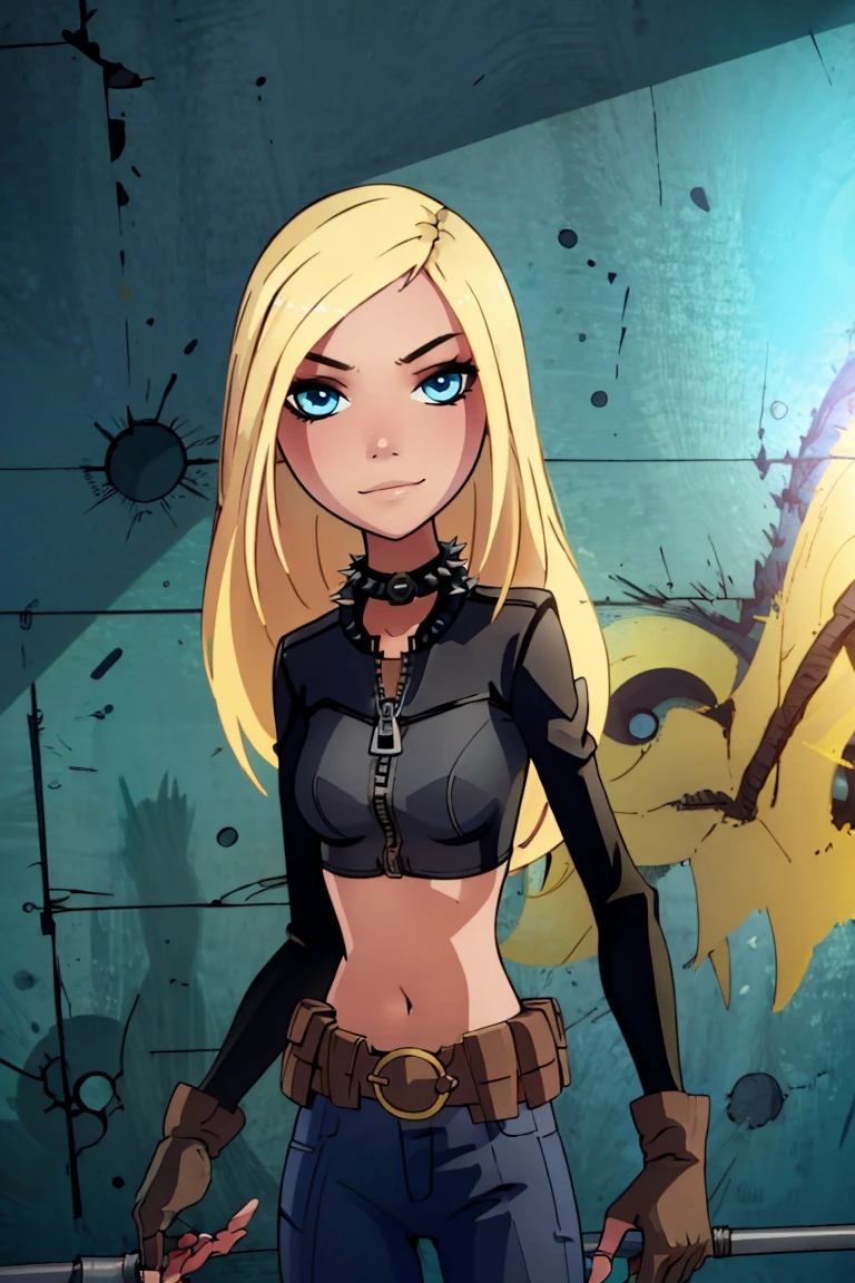 ((masterpiece,best quality)), absurdres, <lora:Terra:0.8>,  Terra, 1girl, solo, long hair, blonde hair, blue eyes, smile, looking at viewer, cowboy shot, leather jacket, leather pants, strapless bra, black jacket, tight pants, black choker, zipper, fingerless gloves, biker clothes, spikes, unzipped, multiple belts, shiny clothes, high collar, CONCEPT_graffiti_wall_ownwaifu, (graffiti:1.2), brick wall,<lora:CONCEPT_graffiti_wall_ownwaifu-15:1>