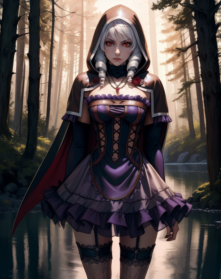 viola,red eyes,white hair,twin drills,
hood up,cape,rose,detached sleeves,dress,jewelry,necklace,frills,
standing,looking at viewer,expressionless,
forest,night,lake,
(insanely detailed, beautiful detailed face, masterpiece, best quality),solo,<lora:viola-11SCVv9:0.8>,