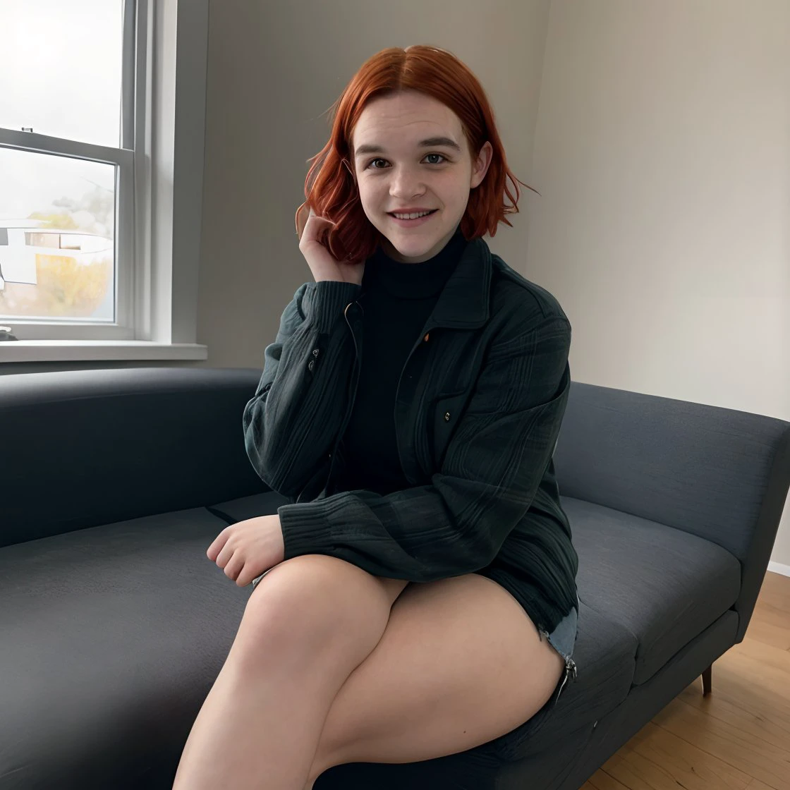 high quality photo of <lora:sarahz:1> sarahz
red hair, (short hair:1.1), <lora:skin_slider_v10:1>, medium shot, thick thighs,